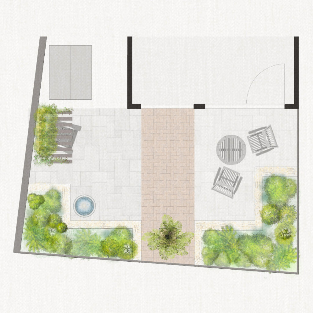 Coloured 2D plan of an urban courtyard garden