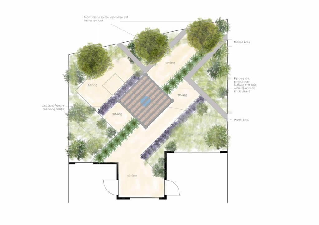 Mid-century contemporary garden concept design drawing
